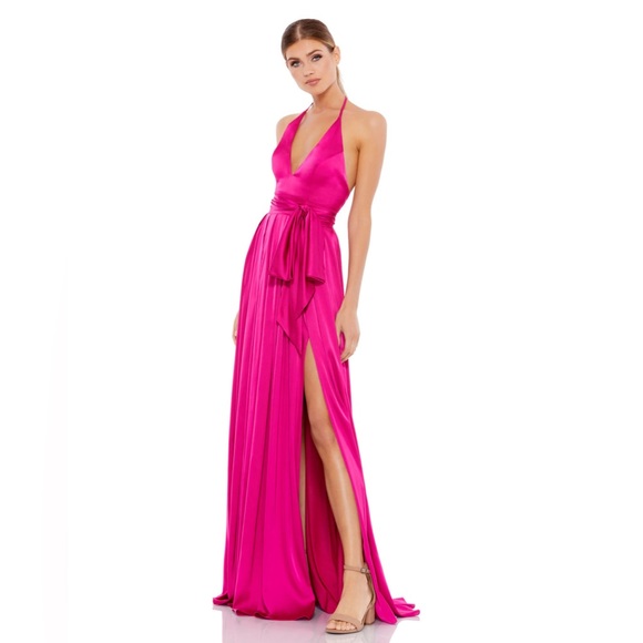 CHARMEUSE HALTER STRAP SOFT TIE WAIST GOWN COLOR — Magenta